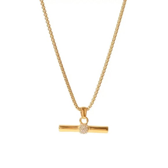 New Bar Pendant Necklace 18K Gold Plated Rhinestone Contemporary Minimalist - Picture 5 of 11